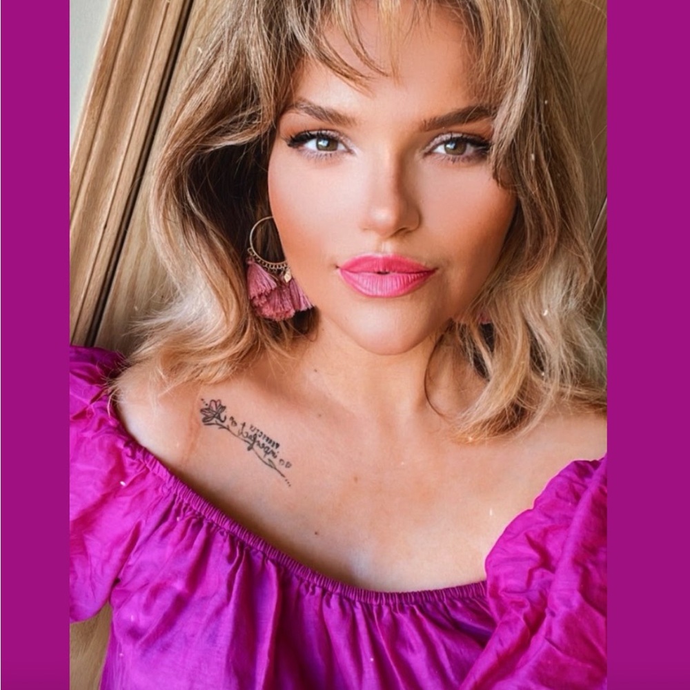 Fuchsia over-the-shoulder dress. It's beautiful and airy